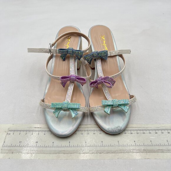 XYD Blue Multi Rhinestone Crystals Chunky Heels Open Toe Sandals Bowknots Shoes - Picture 3 of 8